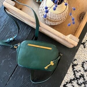 Fossil Dark Green Leather Brass Key Charm Crossbody Bag